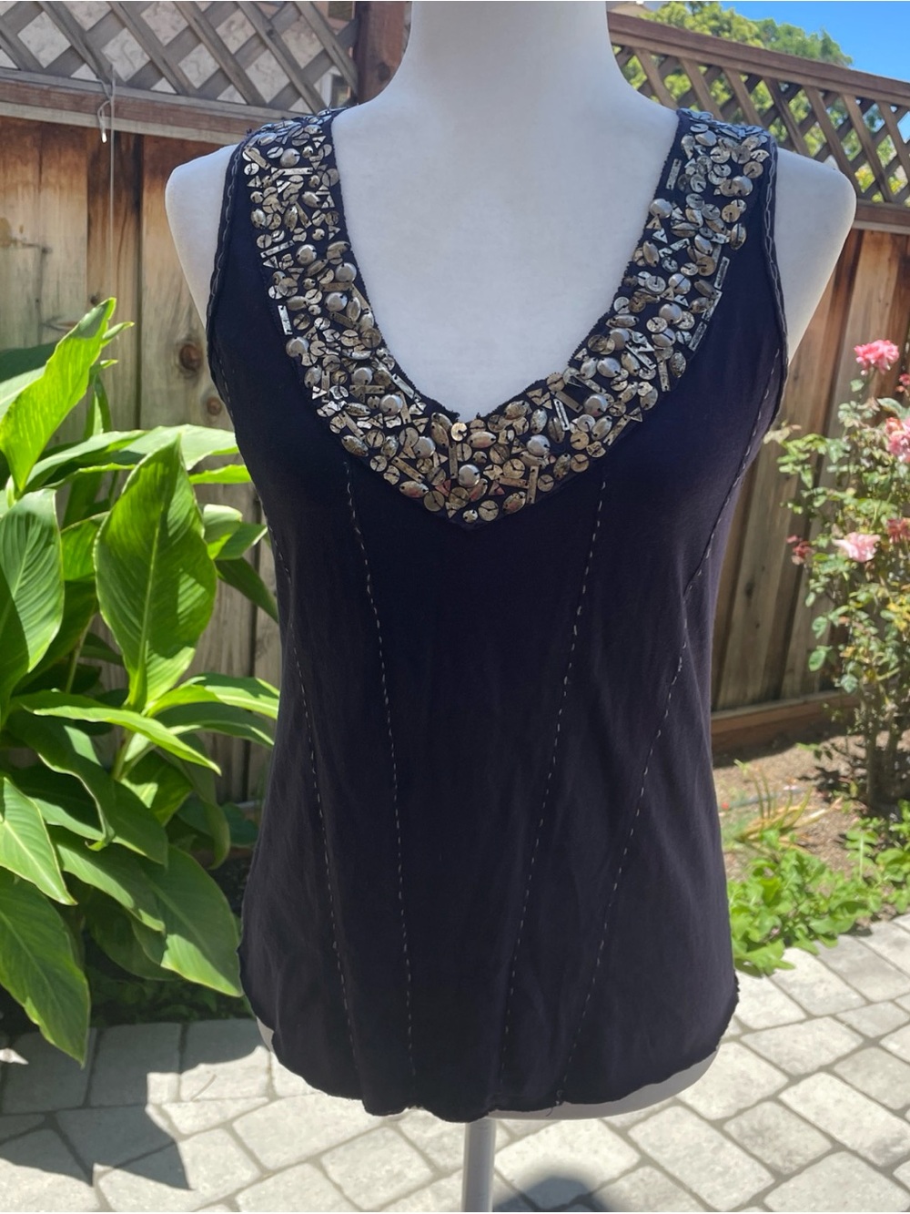 Project Alabama Women Sz XS Blue Beaded Sleeveless Cotton Top Full Zip Back EUC